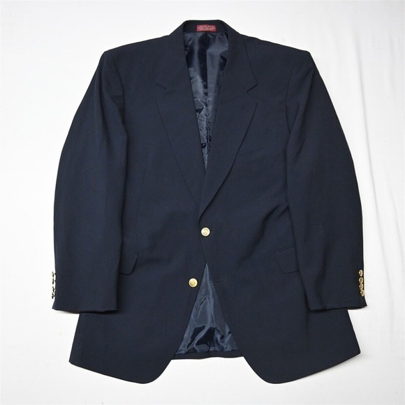 Vtg New Castle & York 46L Navy Blue 100% Wool Hopsack Gold Button Blazer‎ Jacket